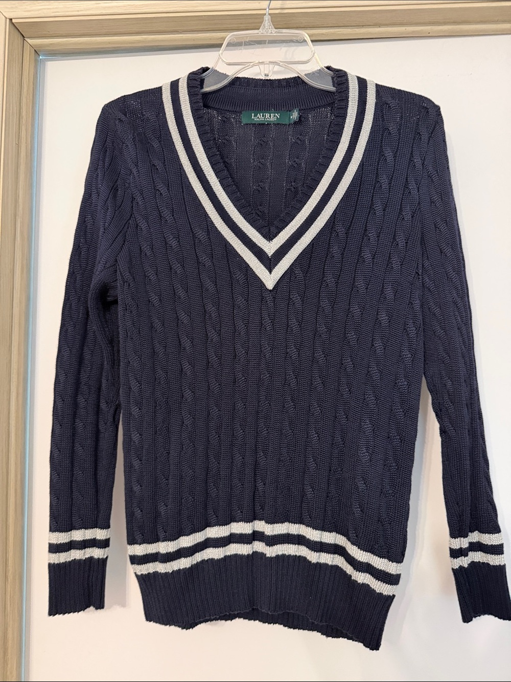 Lauren Ralph Lauren Navy V-Neck Cable Knit Sweater with Silver Trim